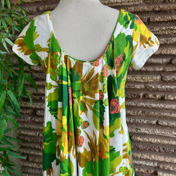 Alice Polynesian Fashions 60s Green Floral Tiki Barkcloth Maxi Dress Size Small - Picture 4 of 10